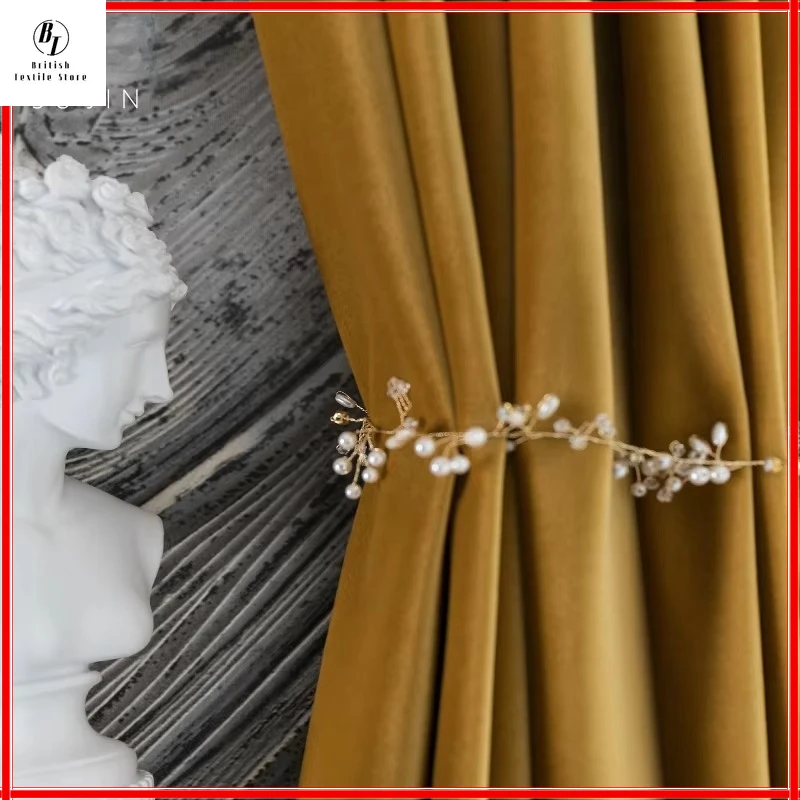 

Custom Size European Vintage Gold Thicken Velvet Curtains for Living Room Bedroom Dining Luxury Blackout White Tulle Window
