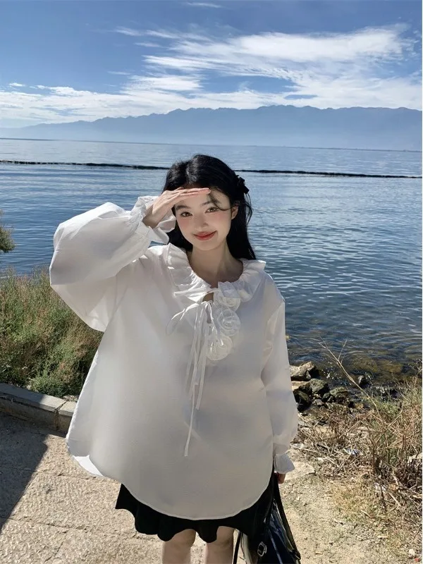 

Новая модная женская повседневная свободная блузка средней длины в корейском стиле с воротником «Питер Пэн», белая, тренд весны 2026