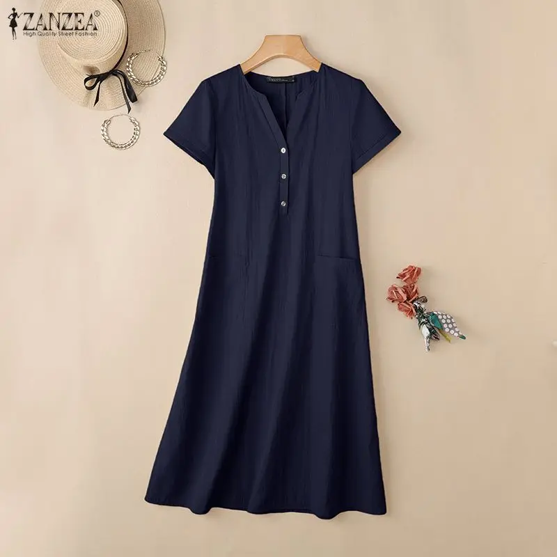 ZANZEA Summer Solid Color Midi Dresses Stylish Women V-Neck Short Sleeve Dress Casual Baggy Work Sundress Holiday Button-Up Robe