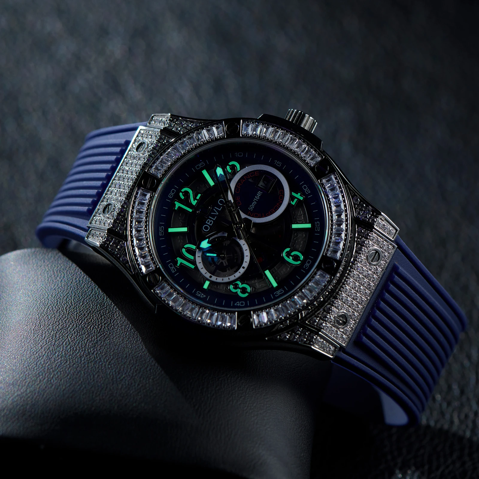 OBLVLO Men's Luxury Blue Dial Mechanical Watch Full of Diamonds Waterproof with Miyota Automatic Movement Silicone Strap Sport C