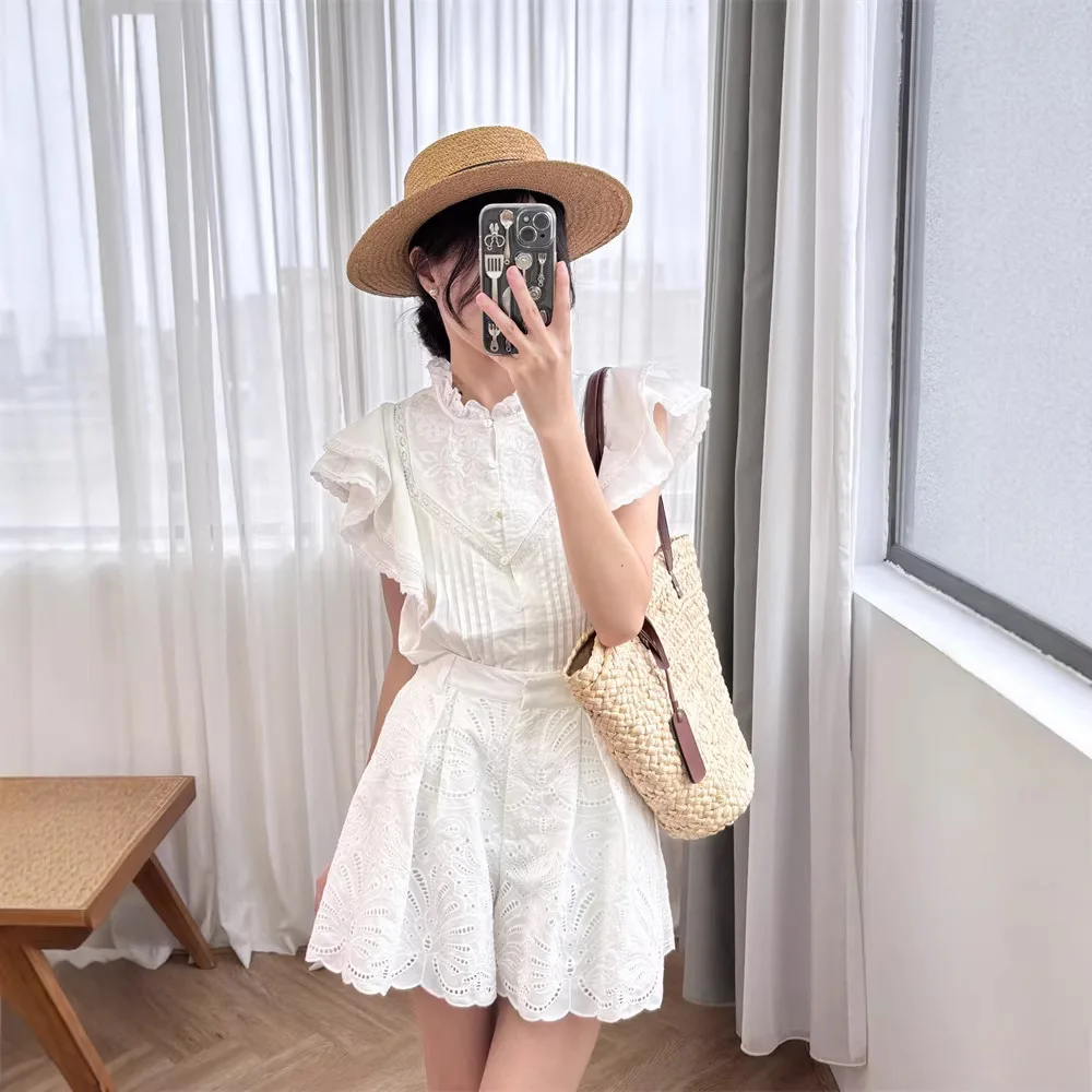 

Женская летняя блузка Ele с вышивкой и кружевом, с вырезами, свободного кроя, из хлопка, новинка 2026 года, для отпуска, во французском стиле