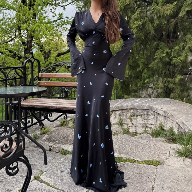 Moulante sirène invité célébrité étage longueur robe élégante femmes Satin Corset Maxi robe Sexy à manches longues col en V froncé imprimé