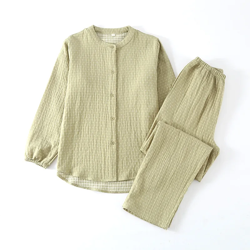 Spring Autumn Women Casual Simple Pajama Sets Female 100% Cotton Sleepwear Suit Women Round Collar Shirt & Pants Home Clothes