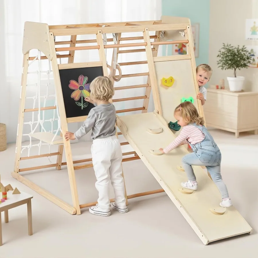 

Kinder King 10-in-1 Wooden Climbing Toys Toddler Jungle Gym w/Drawing Board Slide Climbing Rock Net Ladder Monkey Bars Swing Gy