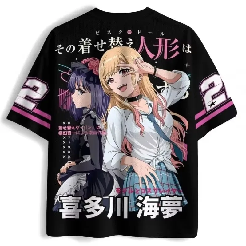 Unisex My Dress-Up Darling Kitagawa Marin V-Neck T-Shirt Anime Print Color Block Oversized Casual Cosplay Tee for Manga Fans