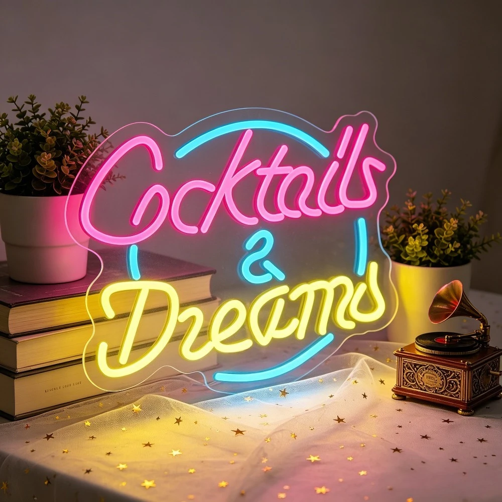 Cocktails & Dreams Neon Sign Dimmable LED USB Wall Light for Bar Wedding Proposal Party Cake Shop Bridal Shower Date Night Decor
