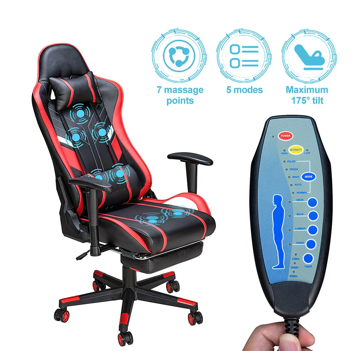 Chaise de jeu de massage GC-RC03 7 points, siège réglable, chaise de bureau ergonomique avec repose-pieds et lombaire pour le bureau à domicile