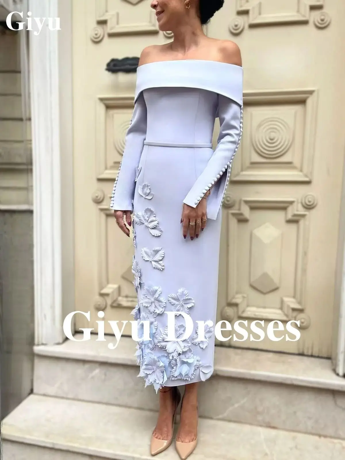 Giyu Fashion Off Shoulder Evening Women's Long Sleeve Button Arabic Flower Applique Straight Formal Party Dresses Prom Dresses