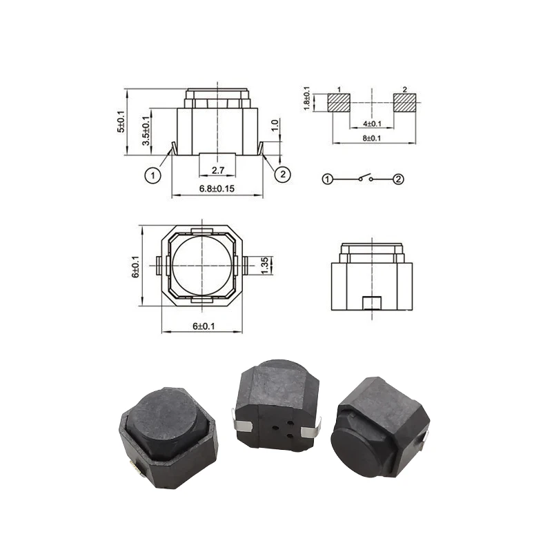 10Pcs Tactile Switch 6x6x5mm 2 Pin Silent Tact Switch SMD Silicone Push Button Touch Switches Black 6*6*5mm Tactile Switch