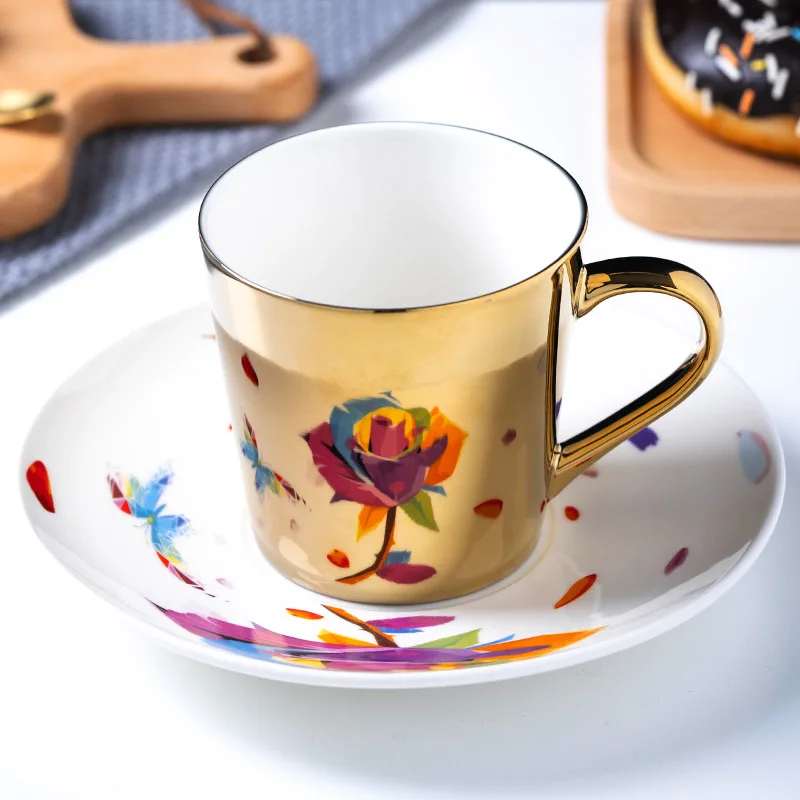 2023 new design electroplated gold porcelain ceramic specular reflection espresso cups and saucers