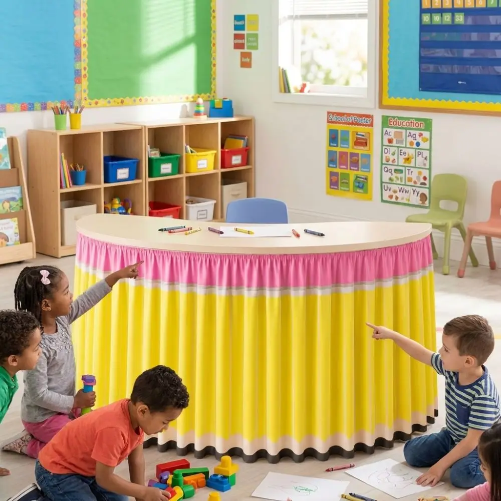 Cartoon Pencil Ruffled Table Skirt Elastic Edge School Stationery Theme Crescent Table Skirting Polyester Wrinkle Resistant