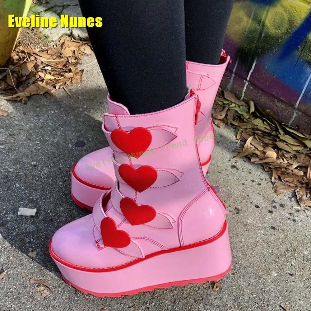 Pink Strawberry Button Platform Boots Round Toe Wedge Thick Sole Y2K Street Style Couple Knee High Boots 2025 Autumn Shoes Trend view 5