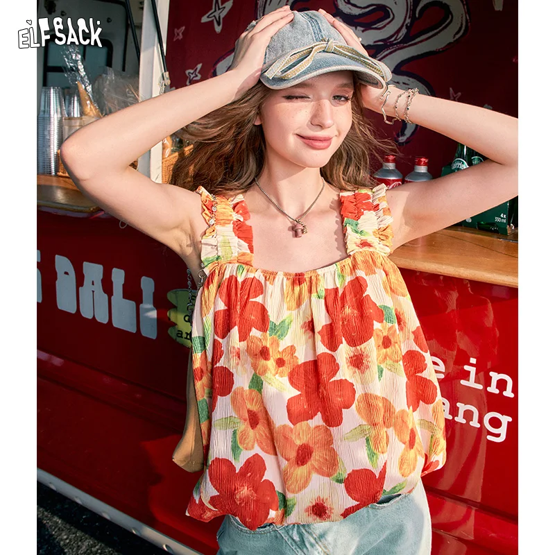 

ELFSACK 2024 Summer New Arrivals Chiffon printed camisole women's stunning sleeveless vacation style short top