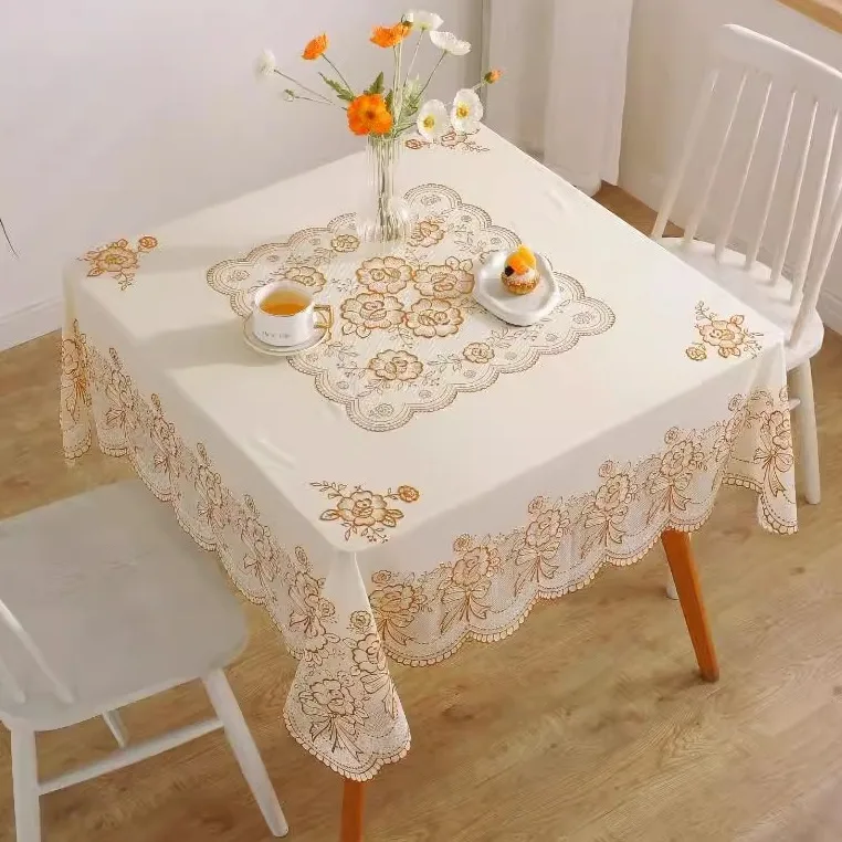 

High-End PVC Square Tablecloth Gold Embossed Lace Plastic Dining Table Cover Waterproof Oilproof Non-washable Floral Pattern