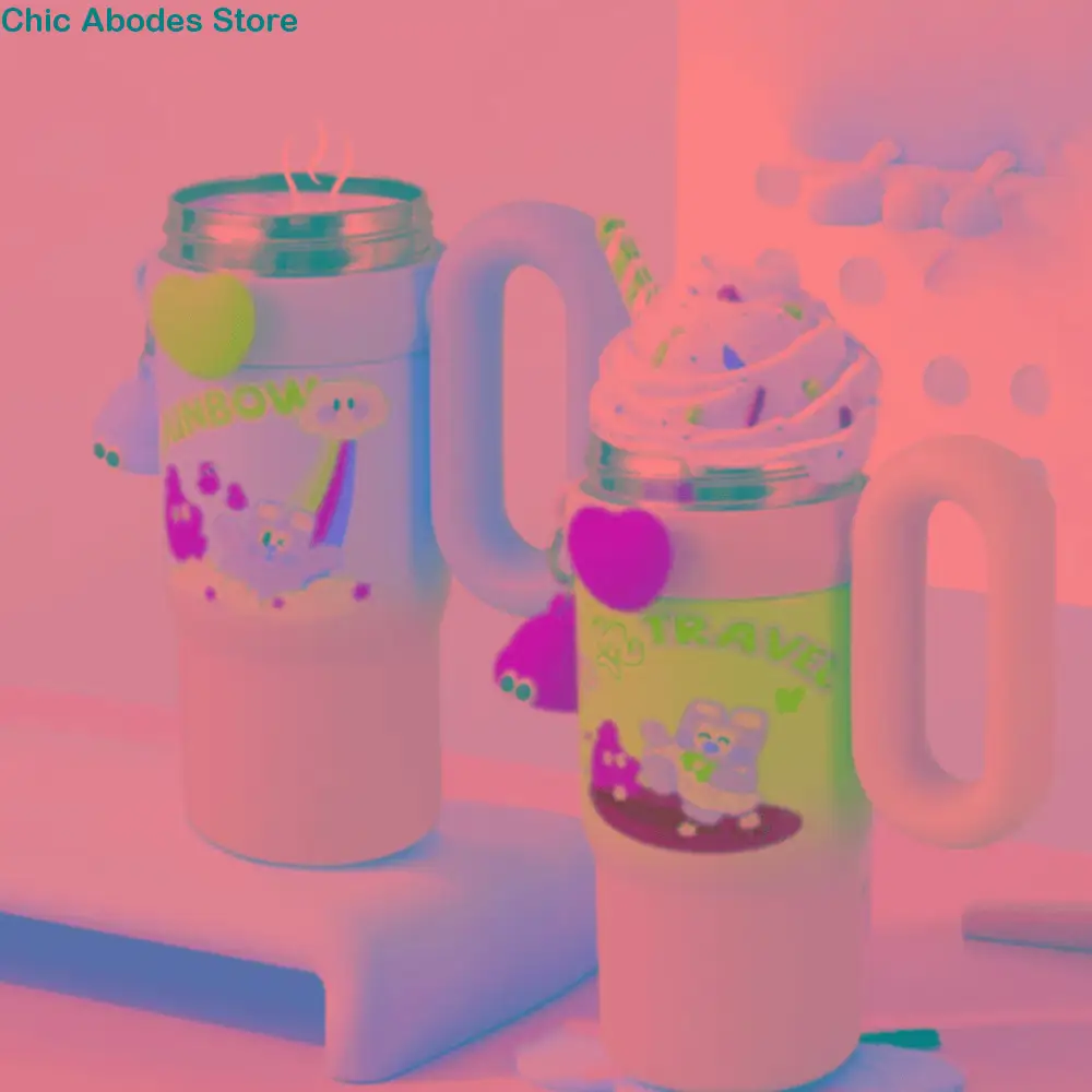 

Stainless Steel Cartoon Doll Straw Thermos Cup 800ml with Handle Sport Thermos Bottle Large Capacity with Pendant