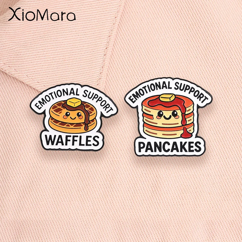 Emotional Support Waffles Pancakes Enamel Pins Cute Food Sweet Dessert Funny Quotes Brooches Lapel Badge Jewelry Gifts