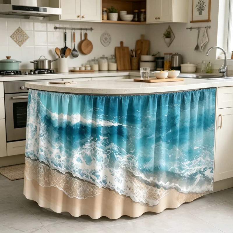 Self Adhesive Velcro Under Sink Curtain Plant Ocean Floral Print No Drill Cabinet Curtain for Kitchen Bathroom Apartment Decor