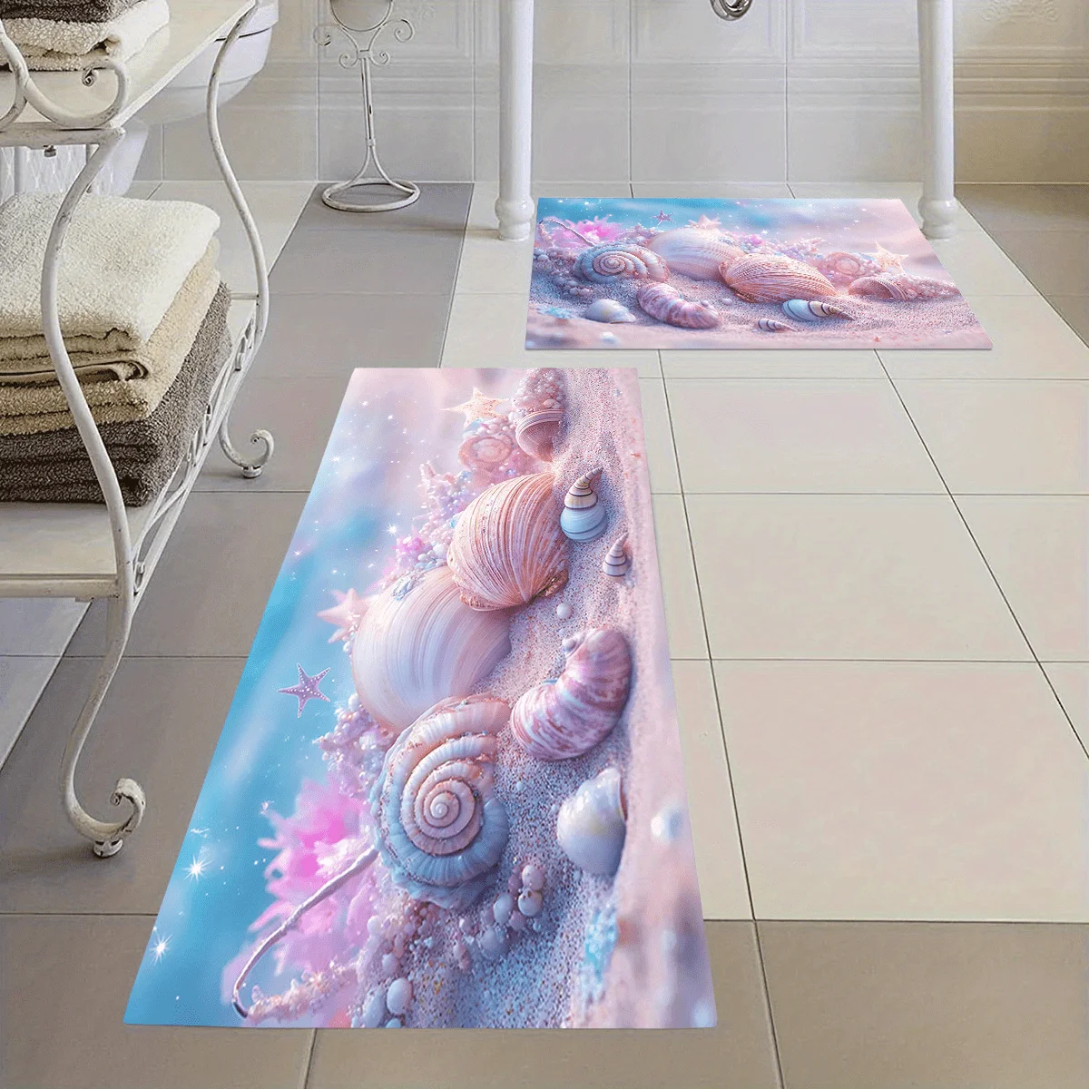 2pcs/ 3pcs/ Set Dreamy Pink Beach Conch Shell Printed Bathroom Floor Mat Set, Home Decoration Area Carpet, Machine Washable, W