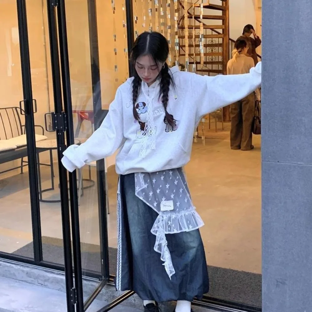 Rok Mini Renda Bintang Manis Rok Kasa Pinggang Tinggi Gaya Jepang Rok Tepi Ruffle Peri Faldas Y2K Pesta