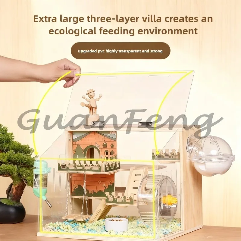 3-Layer Acrylic Hamster Roosting Cage, Ventilated Small Pet Enclosure, with Detachable Playground and Chew Toys