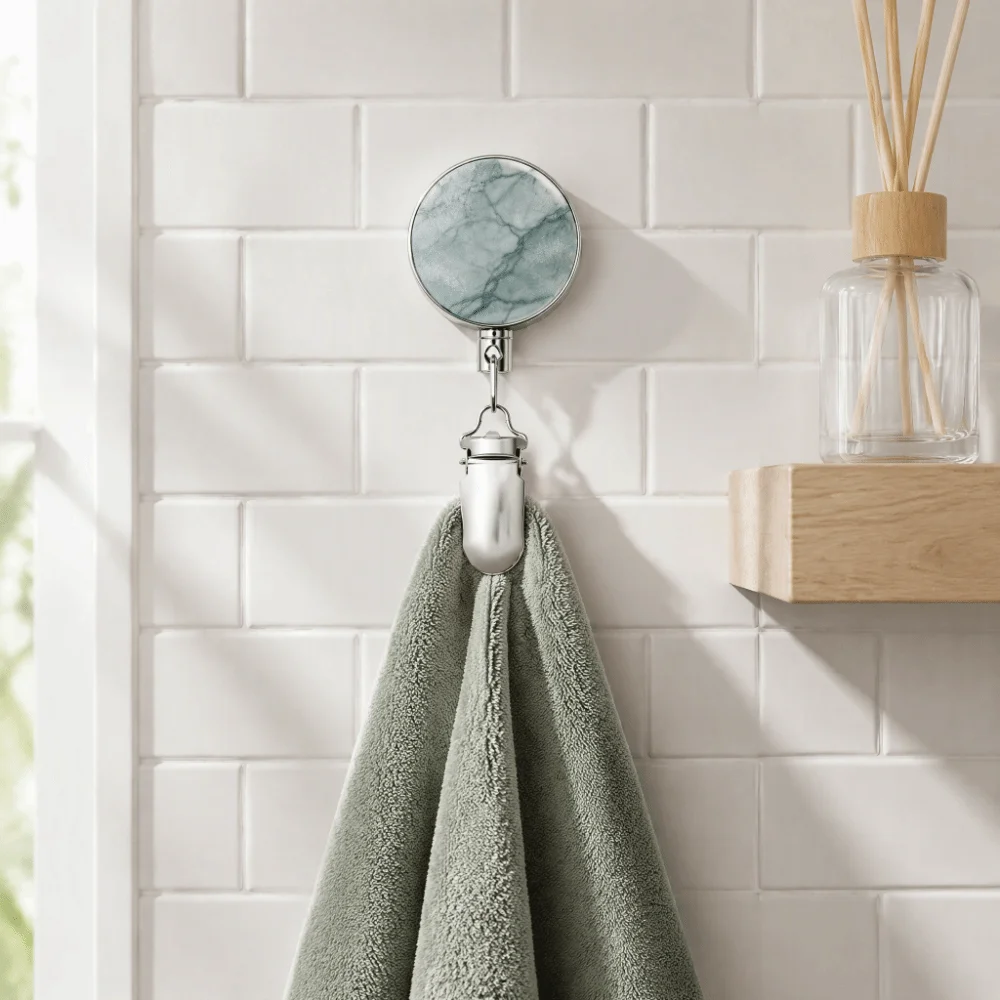 Stainless Steel Retractable Towel Clip Marble-Pattern Self-Adhesive Retractable Reel Hook Punch-Free Extendable Hanging Clip