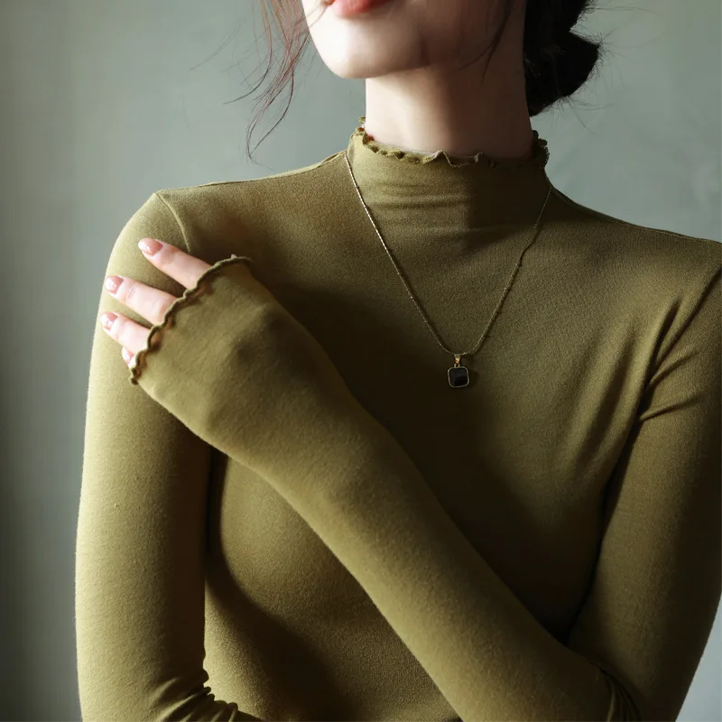 

Ele Base Layer irt with Wood ain Ruffle Collar f Collar Design Protein Base irt Casual Slim Fit Women's Sweater