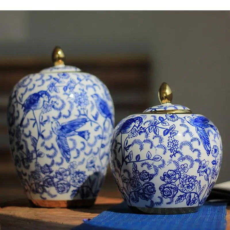 

Blue and White Porcelain Round Storage Jar with Lids Ceramic Jars Cosmetic Containers Artificial Flower Decorative Floral Vase