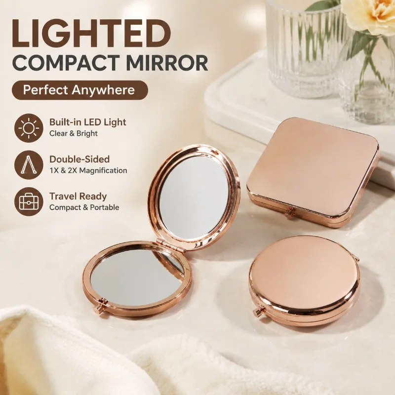 Portable Foldable Metal Square Compact Makeup Mirror Round Double-sided Bright Lens Pocket Cosmetic Mirror Clear Reflection