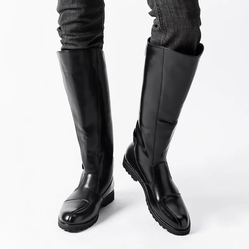 plus size men's fashion long natural leather boots black brown shoes cowboy high knight boot stage nightclub motorcycle botas