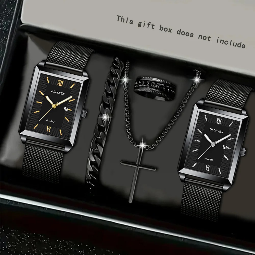 

Набор мужских часов, 5 шт./компл., мужские повседневные кварцевые аналоговые часы, часы с сетчатым ремешком, ожерелья, браслеты, кольца, идеальные подарки для мужчин