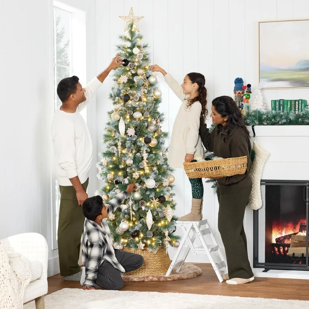 

7.5ft Pre-lit Pencil Christmas Tree, Frosted Scotch Pine Slim Holiday Tree Decoration, Skinny Xmas Tree w/W