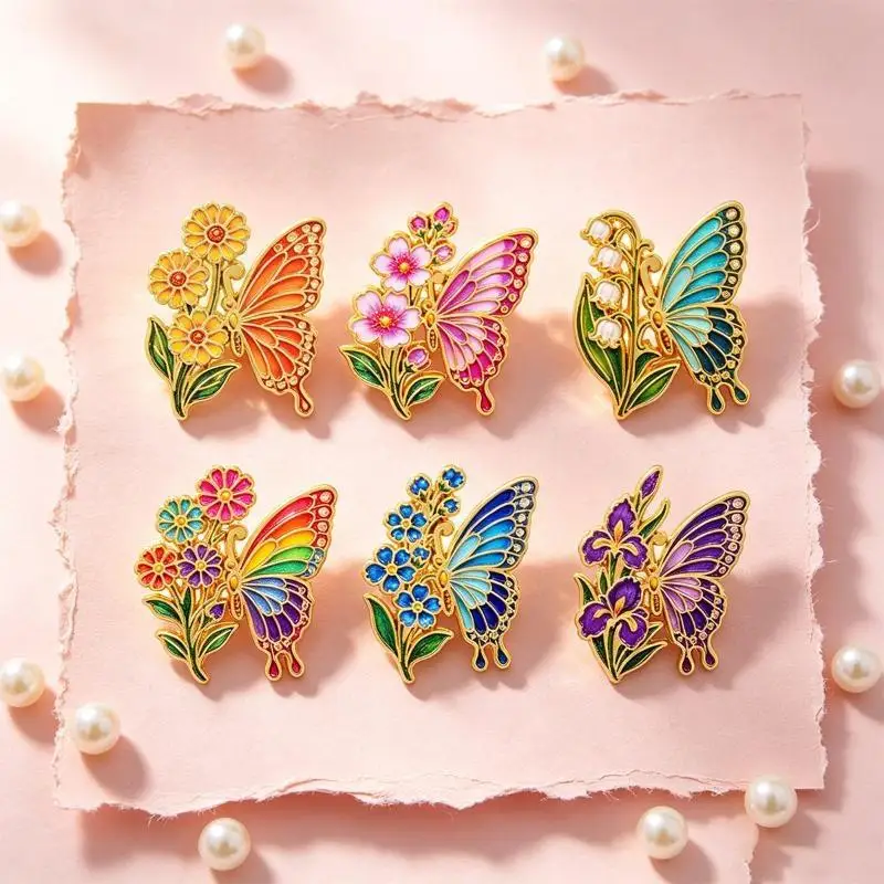 1/6Pcs Vintage Floral Butterfly Brooch Colorful Insect Enamel Pin Set For Coat Collar Lapel Pins Metal Badges Jewelry Gift