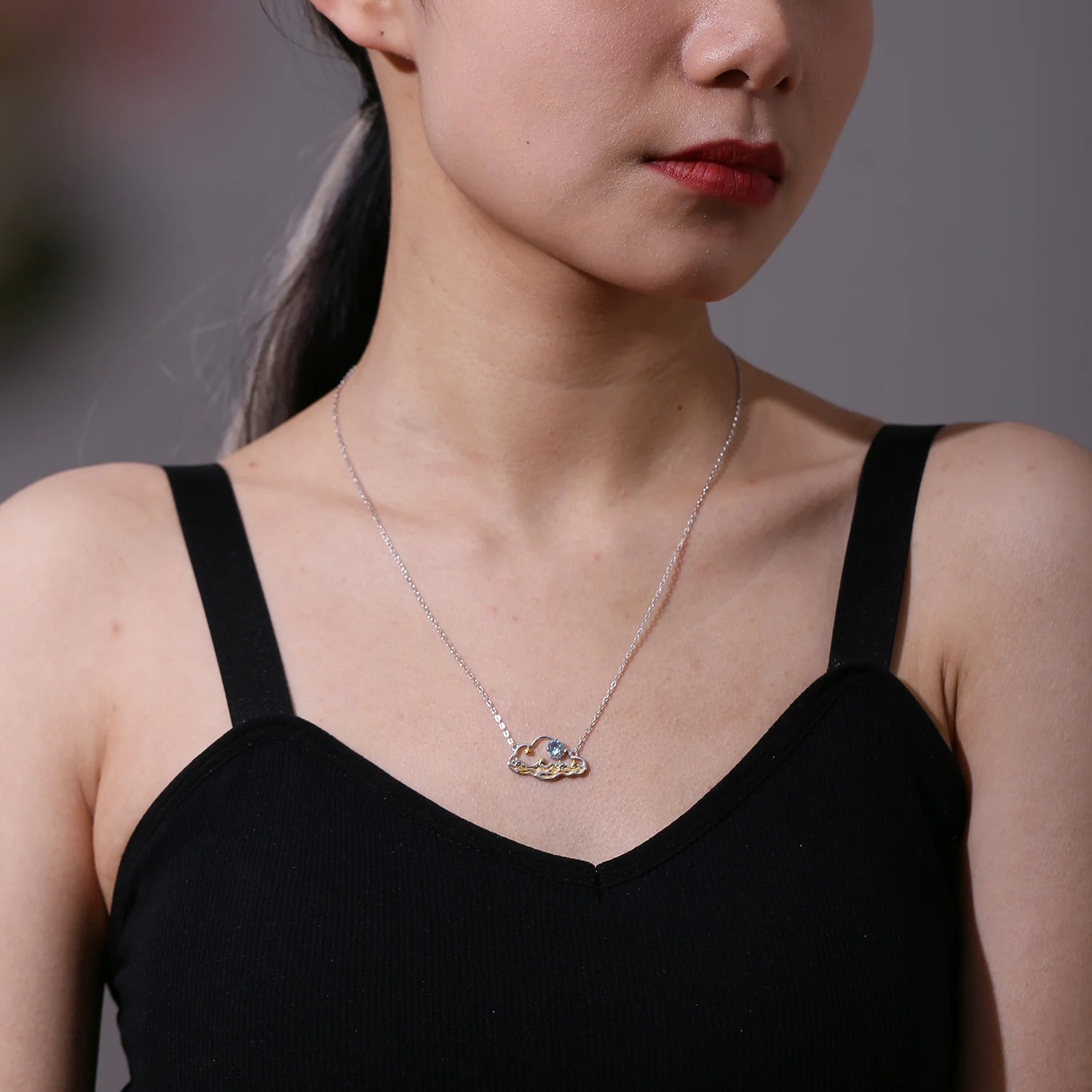 genuine Luxury brand real jewels Cloud and sea Pendant topA stone Aobao Necklace female simple fairy designer S925 sterling silv