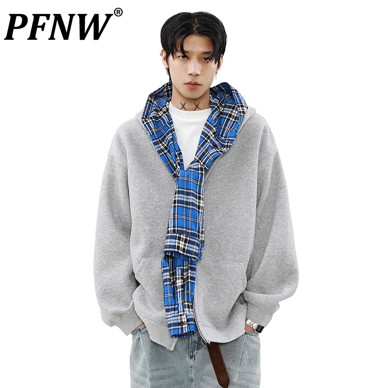 PFNW American Clean Fit Casual Fake Two Piece Checkered Hooded Sweatshirt Men's Fashion Oversized Cardigan Outerwear Top 12C2212