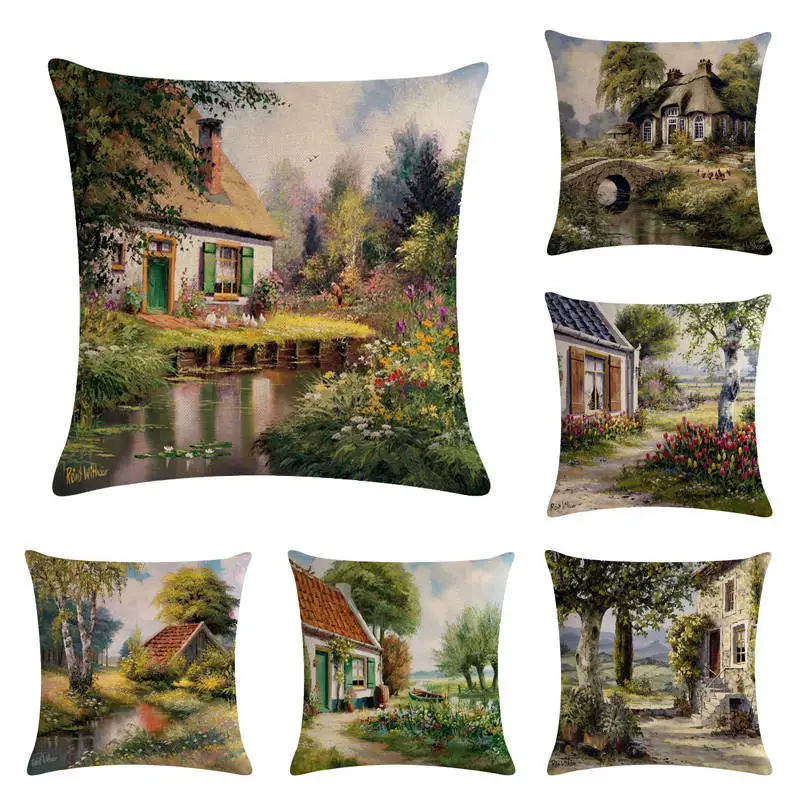 

Oil Painting Rural Pillowcase Spring Linen Pillow Case Interior for Home Decor Room Aesthetic Sofa Bed Garden Chair Pillow Cover