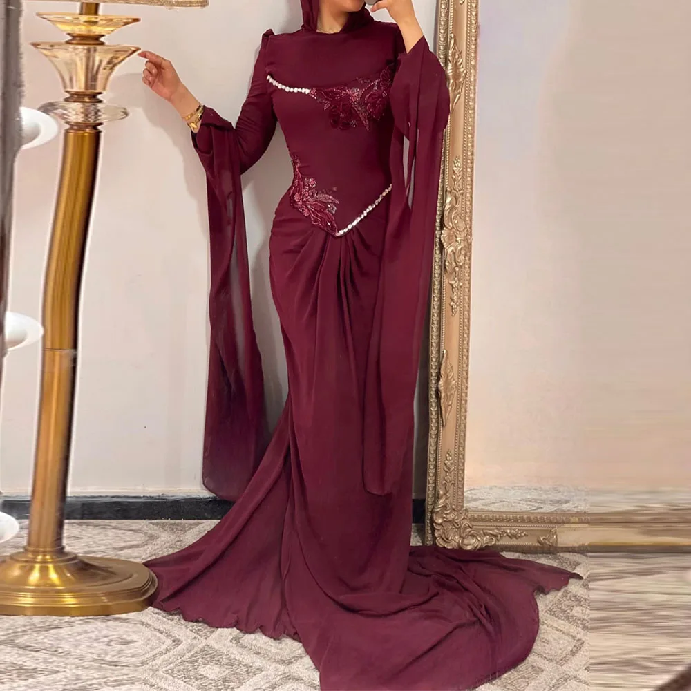 

Customized Mermaid Evening Dresses Floor-length O-neck Full Sleeve Prom Gown Fashion Flowers Crystal Simple Draped Party Gown