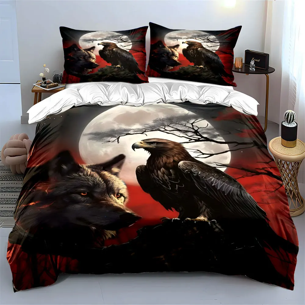 Wolf Eagle Moonlight Artwork Decor Bedding Set with 1 Duvet Cover 2 Pillowcases Single Double King Queen, Gift