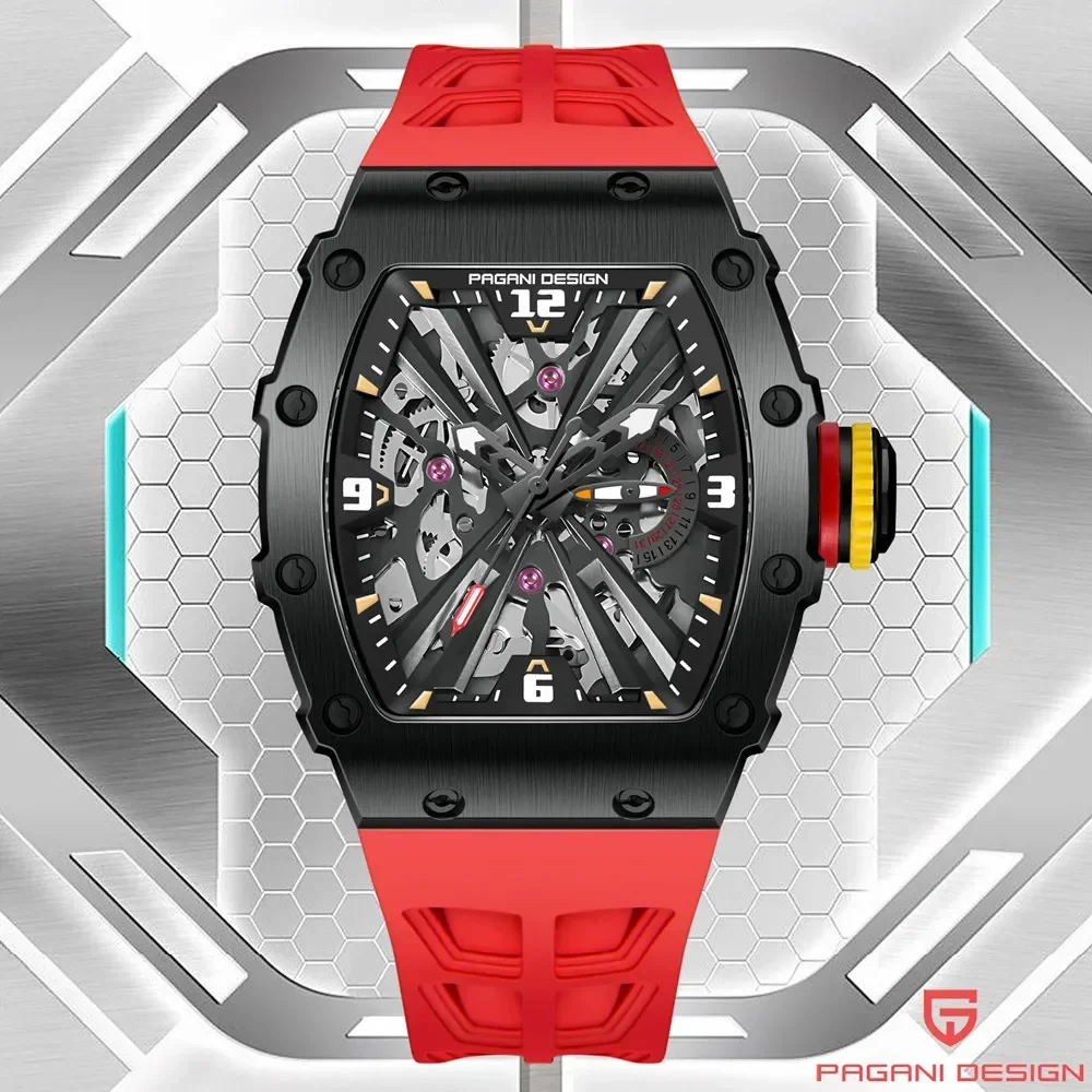 PAGANI DESIGN Relojes de cuarzo originales para hombre VH65 Movt Esfera con mecanismo al descubierto 100M Reloj deportivo rectangular con cristal de zafiro resistente al agua para hombre