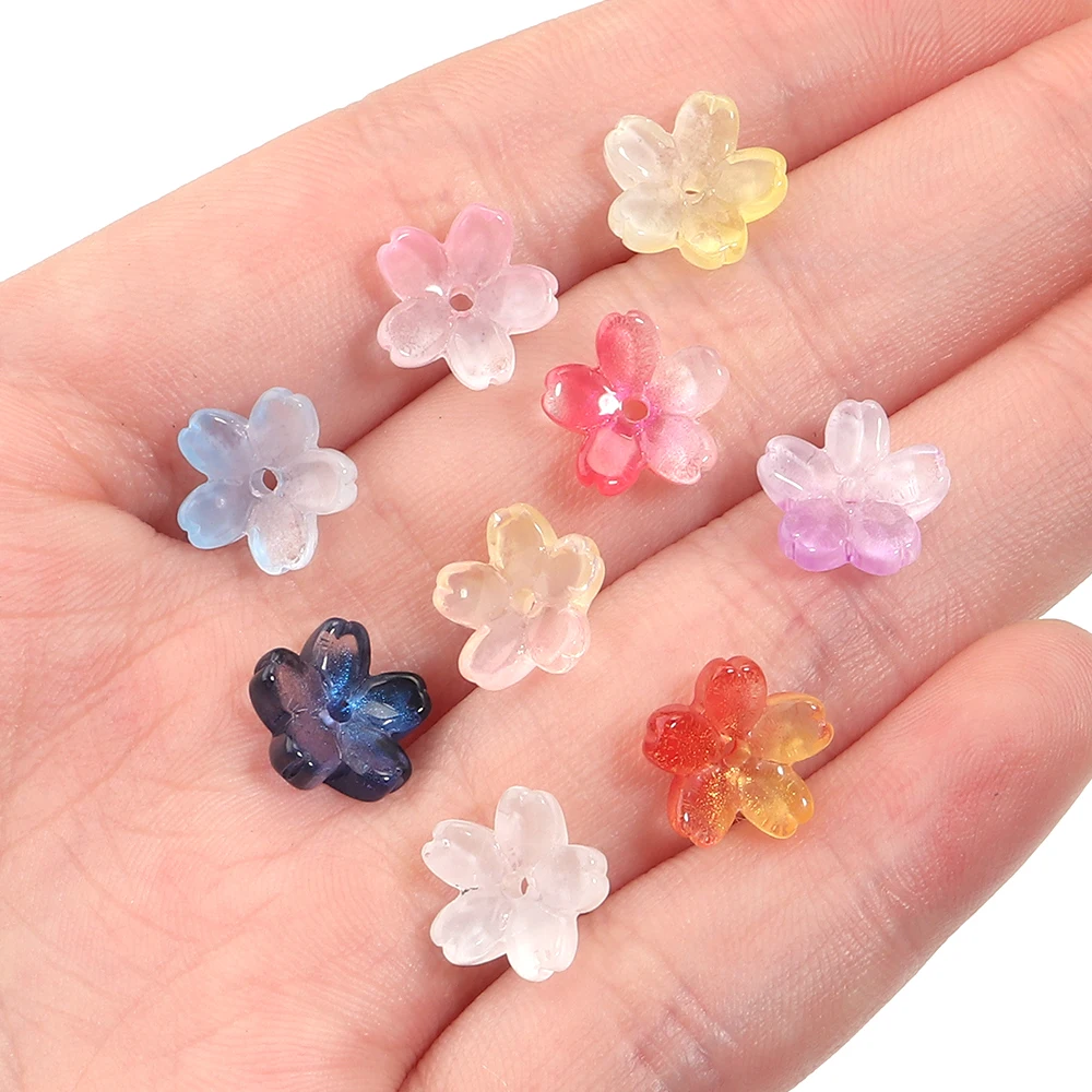 50PCS Cherry Blossom Shaped Glass Beads Loose Spacers Lampwork Beads for Jewelry Hair Clothing Decoration DIY Accessories Supply