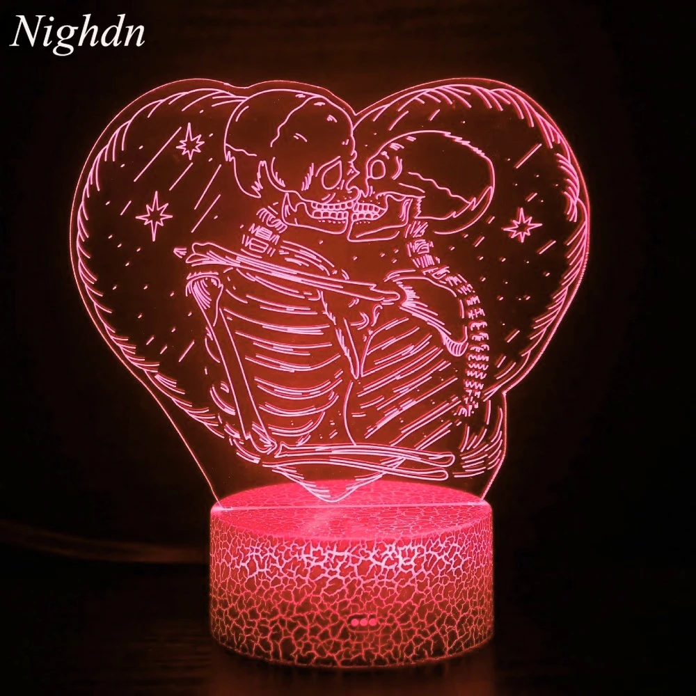 Nighdn Heart Couple Skull LED Night Light for Home Room Decor 7 Color Changing Nightlight USB Table Bedside Lamp Halloween Gift