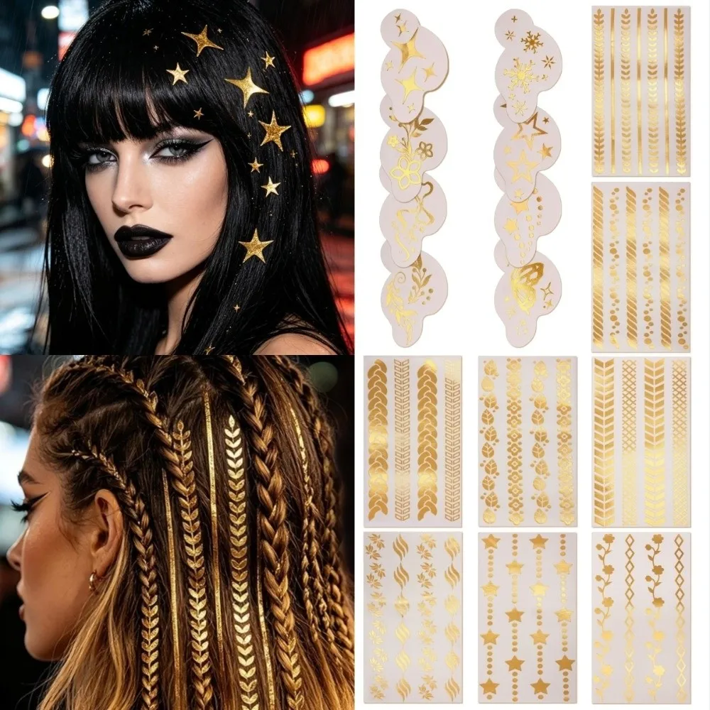 Disposable Water Transfer Printing Hair Stickers Waterproof Long Lasting Hair Tattoo Sticker Golden Color DIY