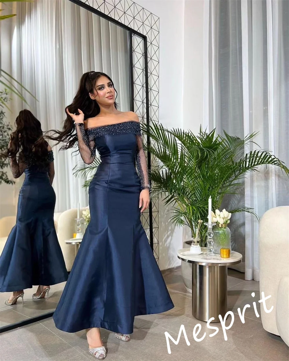 CustomizedSatin Draped Pleat Sequined Christmas Mermaid Off-the-shoulder Bespoke Occasion Gown Midi Dresses