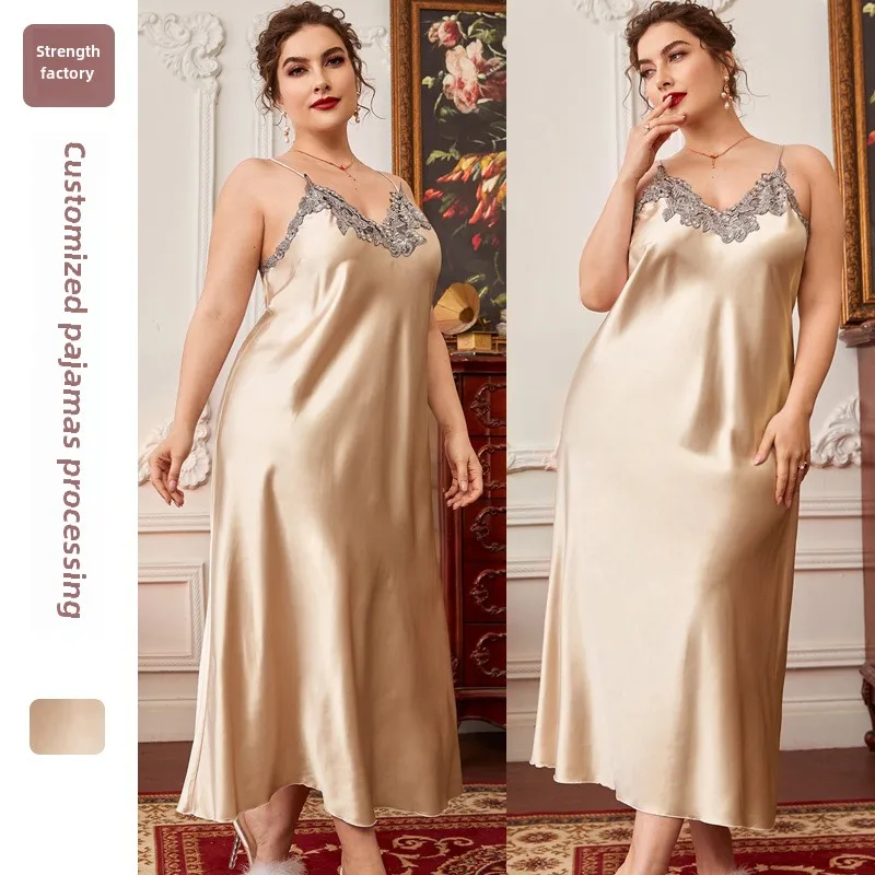 Fashion Solid color Plus Size Sleepwear for Women Summer Luxury Sexy Thin Silk Nightgown Leisure Home Clothes Pajamas for Ladies