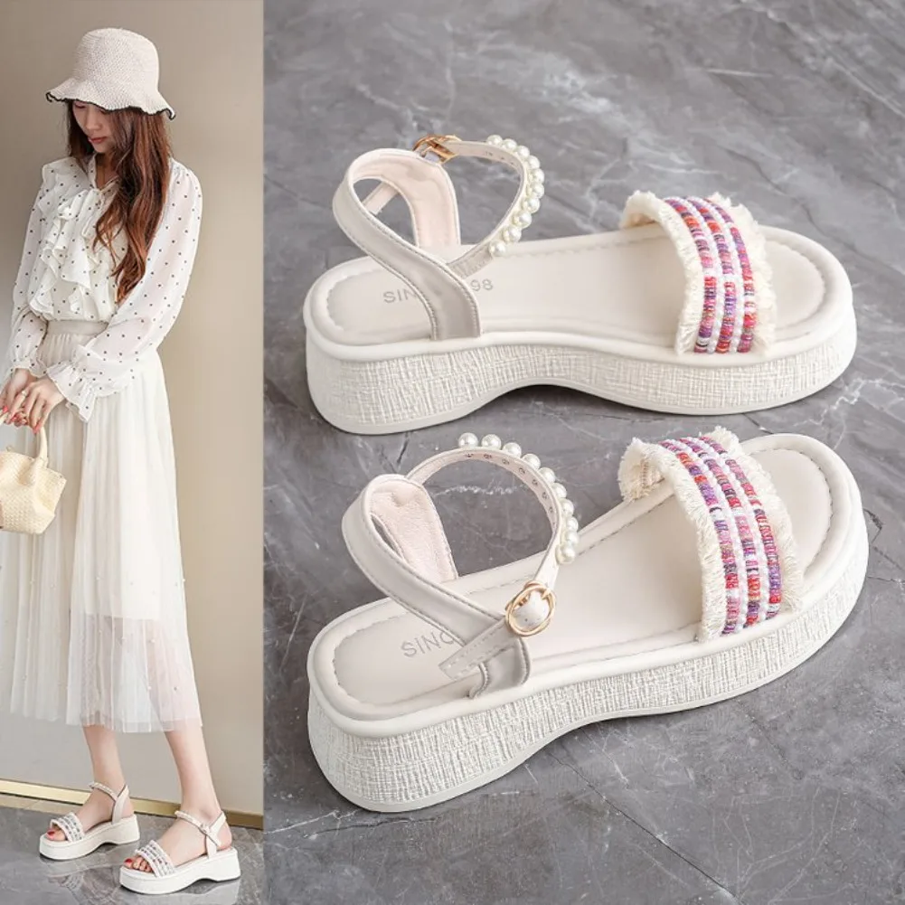

Elegant Pearls Wedge Heels Sandals Women Summer Comfortable Platform Crystal Ankle Strap Sandals Woman Thick Sole Vocation Shoes