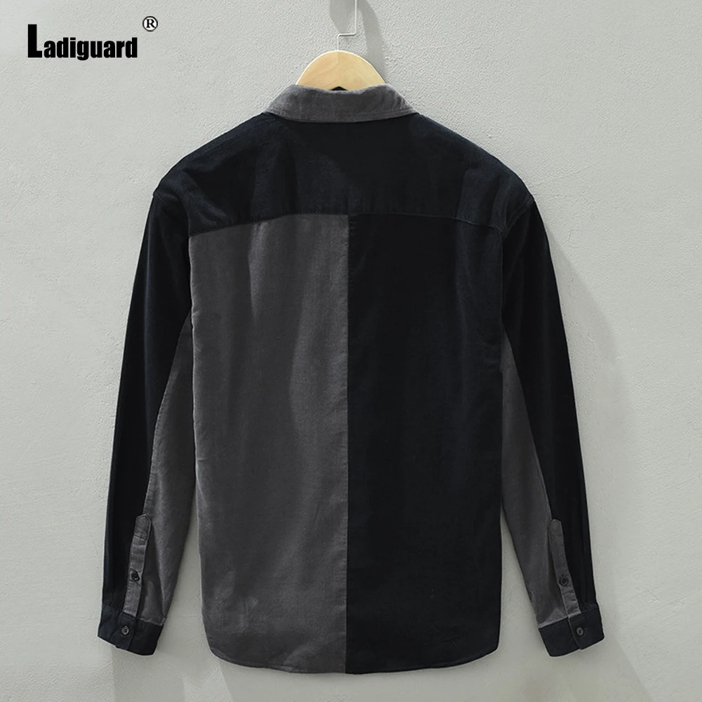 Ladiguard Men Patchwork Shirt Clothing 2023 Kpop Style Fashion Tops Outerwear Soft Cotton Blouse Men's Casual Retro Shirts Wear