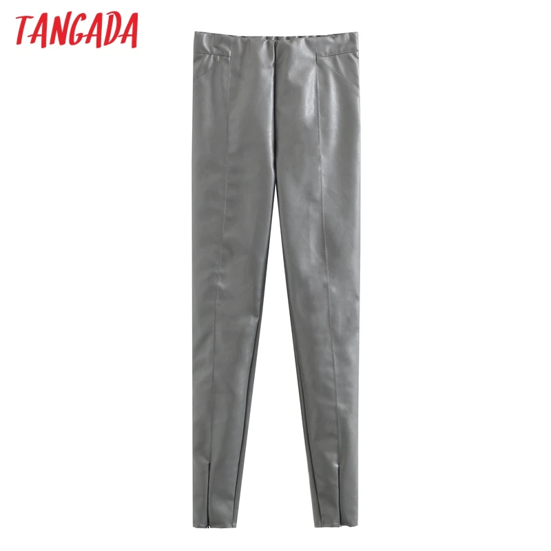 Tangada women black white skinny PU leather pants stretch zipper female autumn winter pencil pants trousers 6A04