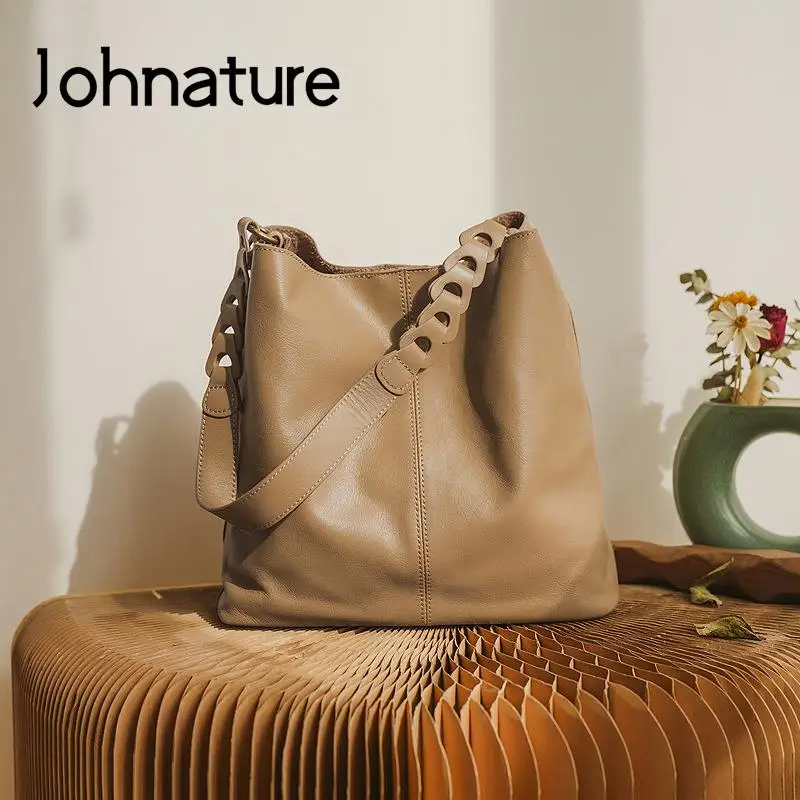 Johnature borsa tote da donna alla moda in vera pelle 2024 nuove borse a tracolla versatili semplici in vera pelle bovina morbida naturale tinta