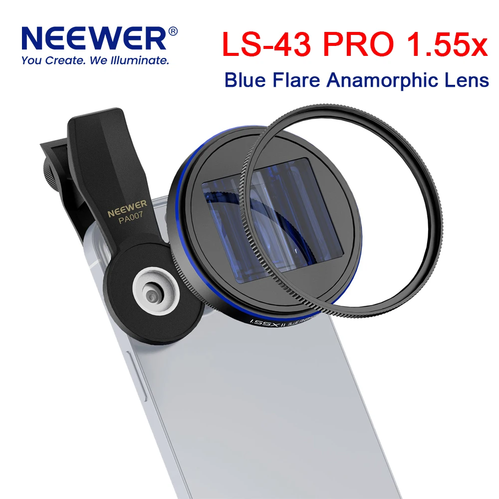 NEEWER LS-43 PRO 1.55x Blue Flare Anamorphic Lens 2.4:1 Ultra Wide Aspect Ratio Filter Accessories Widescreen Lens For Phone