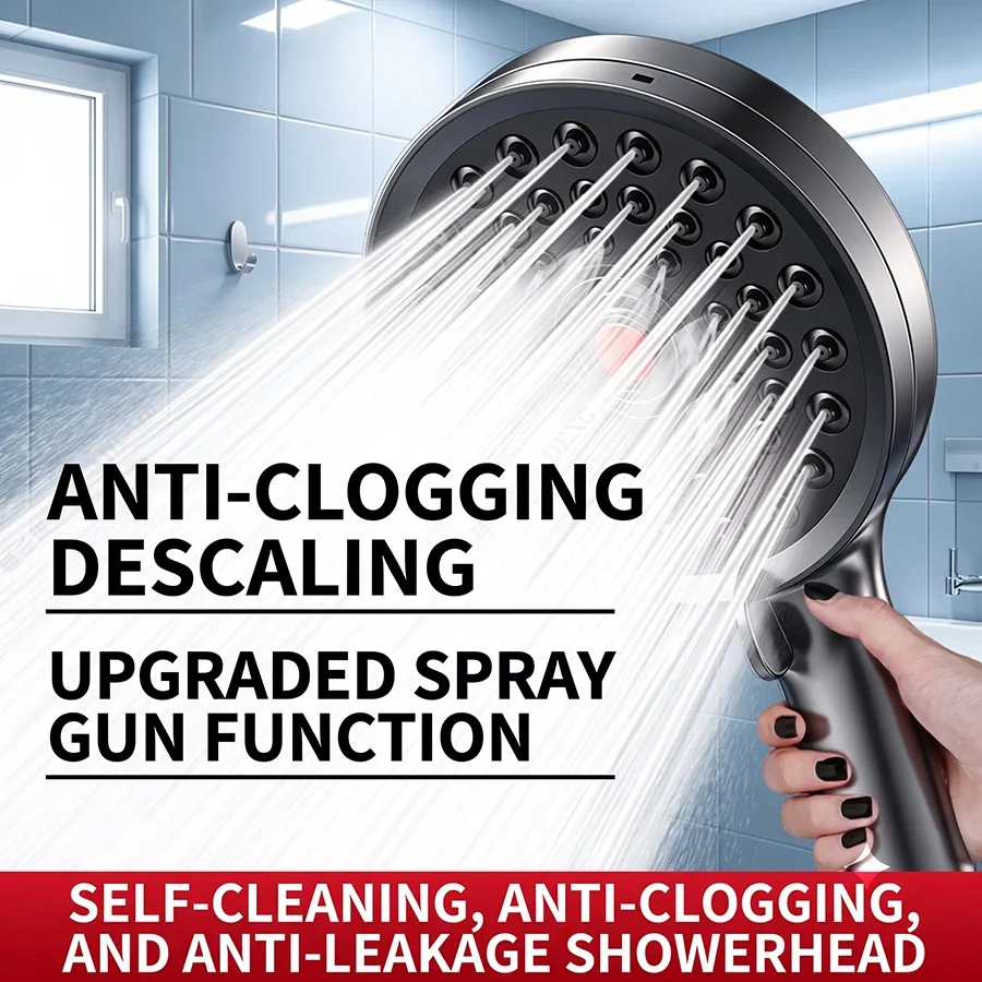 A silver/black/grey self-cleaning shower head with 4 water output modes, G1/2 universal interface, one-button anti-clogging hand