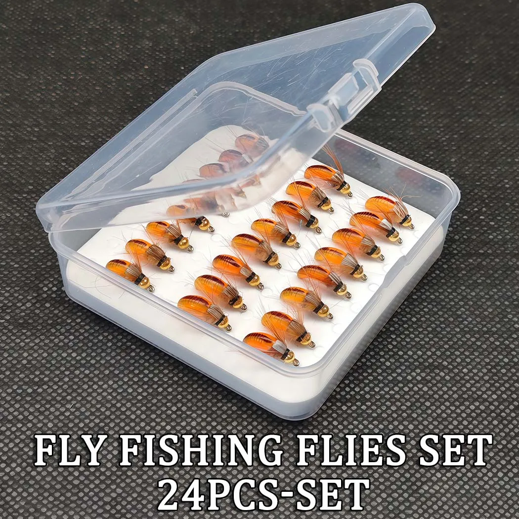 

24 шт./кор. # 10 латунных бусинок, оранжевая нимфа, наживка для ловли форели, нимфы, набор искусственных рыболовных мушек, приманка, приманка